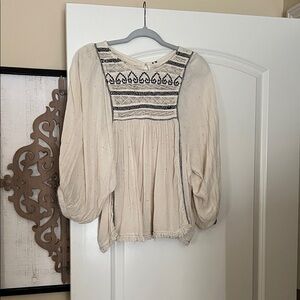Free People Cream Blouse with Black Embroidery